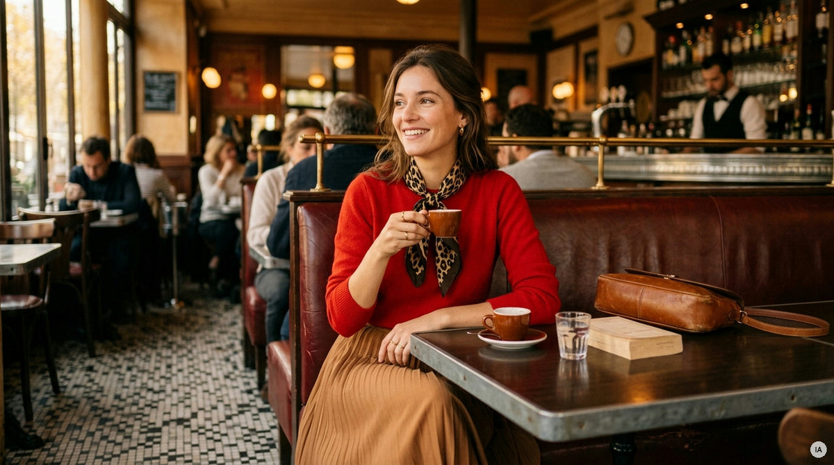 robe rouge midi portée avec un sac en cuir cognac et des bottines camel — Image générée par IA