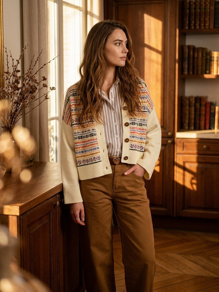 Femme en pantalon Joely beige Minuit Douze et gilet jacquard écru, debout près d'une fenêtre