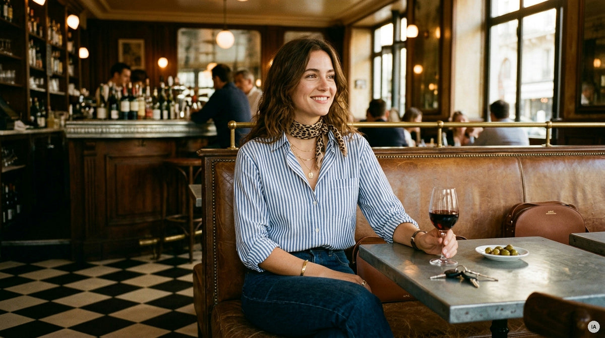 chemise rayée marine et blanc portée sur un jean droit avec mocassins — Image générée par IA