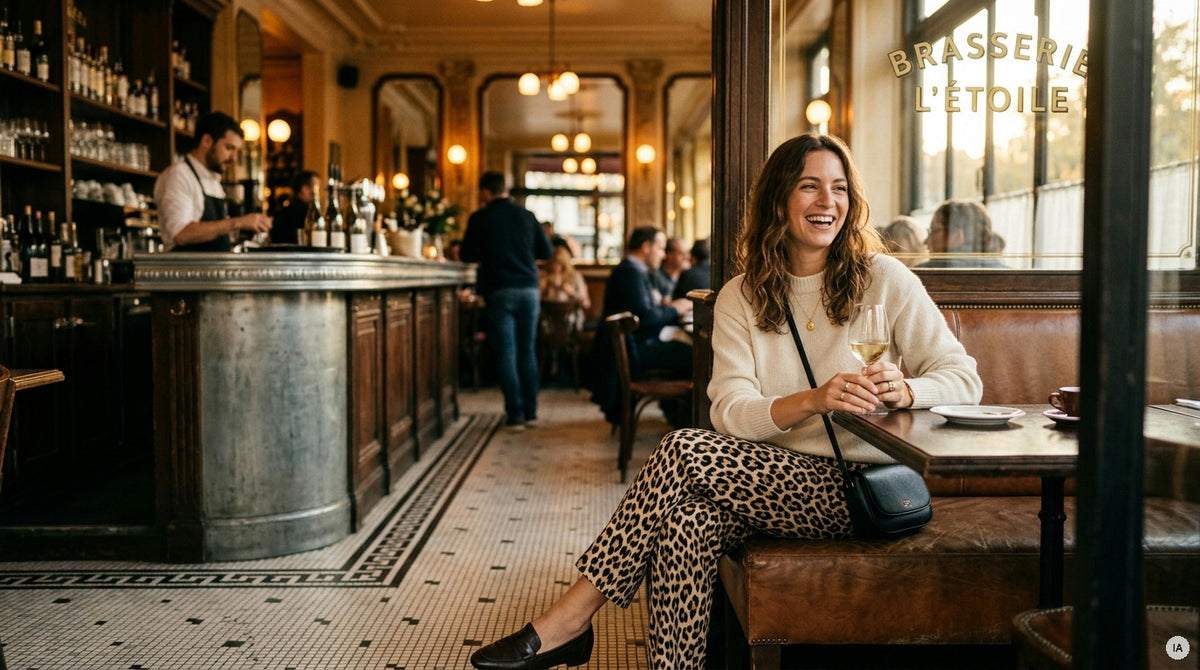 pantalon léopard ample porté avec un haut kaki rentré — Image générée par IA