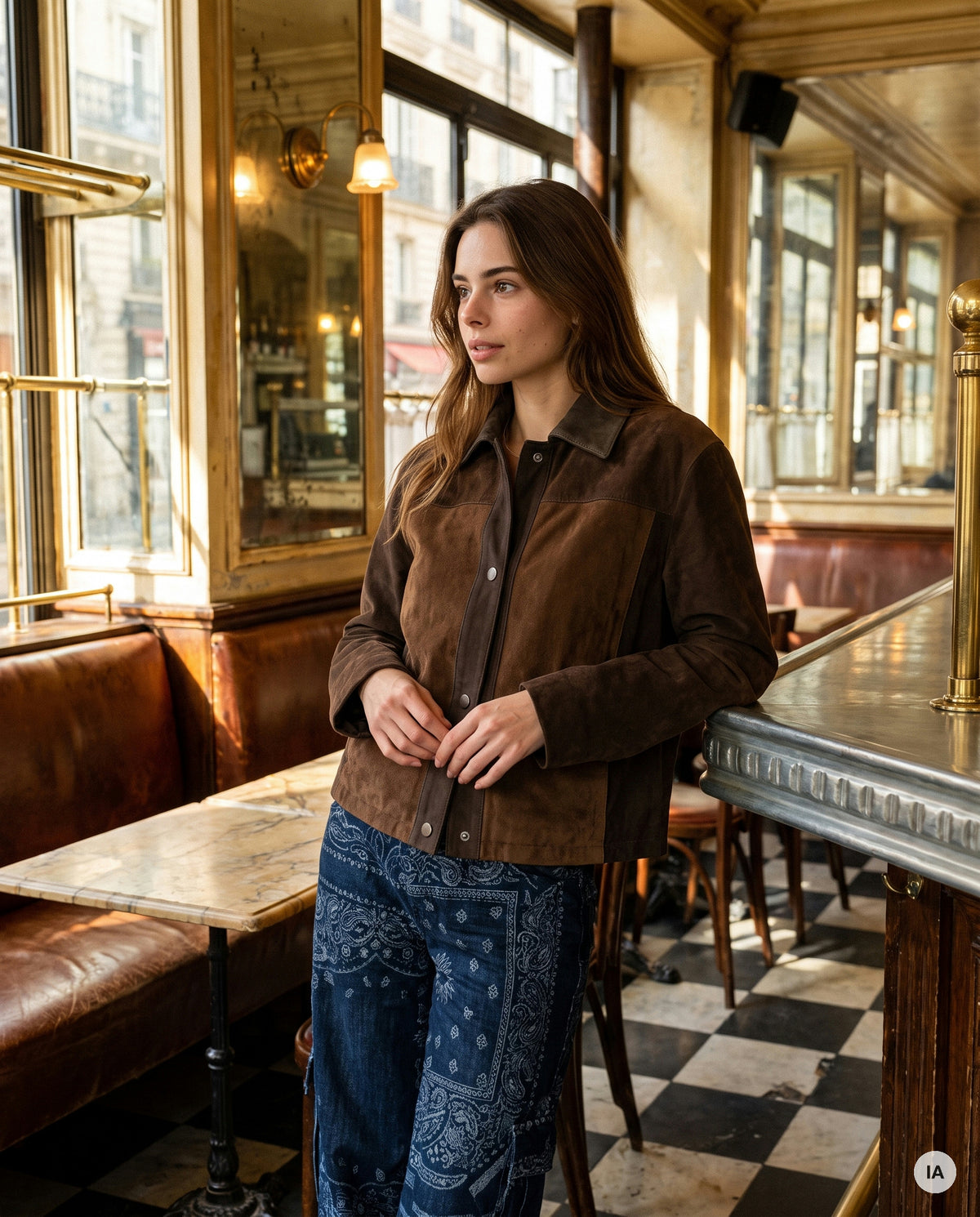 BLOUSON EFFET CUIR & SUÉDÉ LEANDRO PATCHWORK CAMEL - ADORE Veste — Image générée par IA
