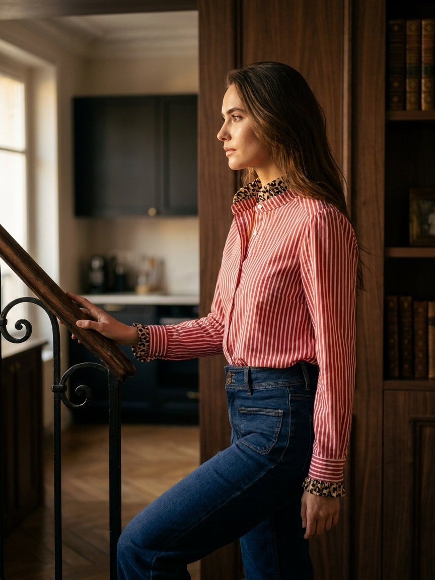 Femme en chemise Gaspard rayée rouge à col léopard Ycoo et jean, appuyée à la rampe d'un escalier