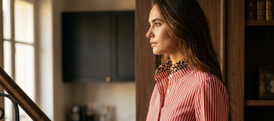 Femme en chemise Gaspard rayée rouge à col léopard Ycoo, de profil devant une bibliothèque